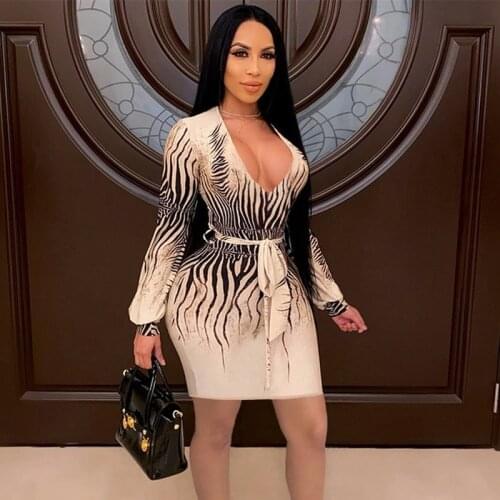 Amalyur Sexy Print Long Sleeve Mini Dress Women Clothing V Neck Short Bodycon Dress Spring Backless Night Club Party Dress Belt