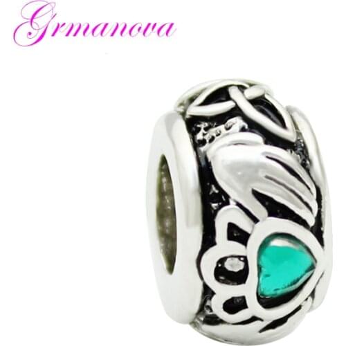 Irish Celtic knot and heart-shaped green crystal charm beads DIY handmade jewelry amulet Fit Pandora Bracelet Necklace