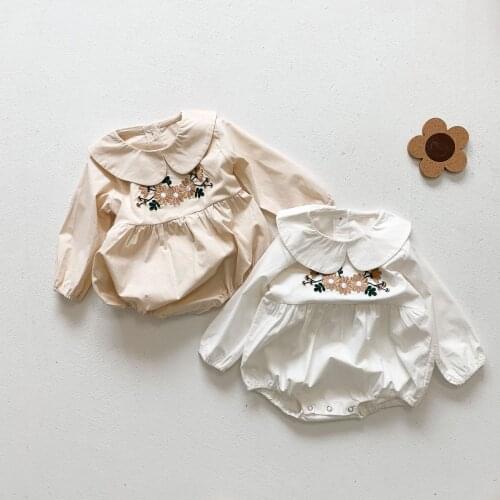 Newborn Baby Girl Spring Summer Fall Long Sleeve Girl Rompers Vintage Floral Embroidery Petal Collar Cotton Jumpsuit for Toddler