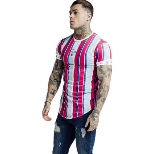 Summer new mens jogging T-shirt gym fitness fashion short-sleeved T-shirt tight-fitting quick-drying casual Tees striped T-shir