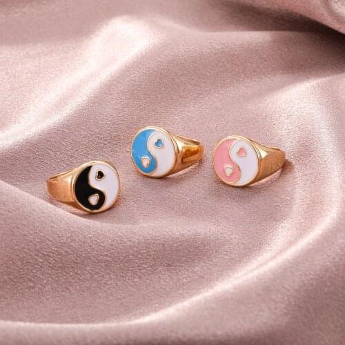 Thick Enamel Ring For Women Trendy New Round Love Heart Yin Yang Gold Color Lucky Jewelry Gift for Women Girl Travel Jewelry