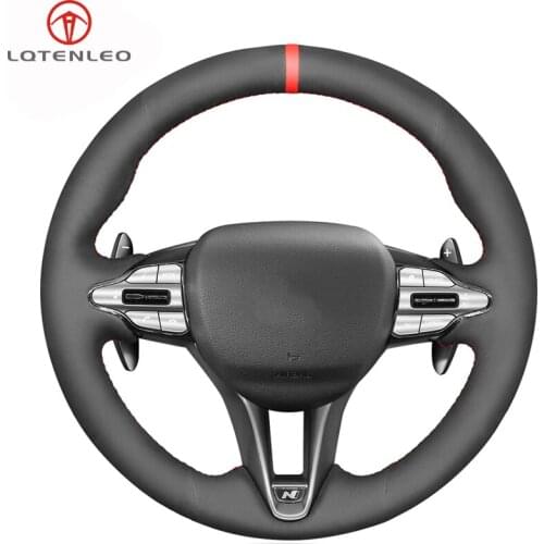 LQTENLEO Black Suede Hand Sewing Car Steering Wheel Cover For Hyundai Veloster N 2019 2020 2021 i30 N 2018 2019 2020
