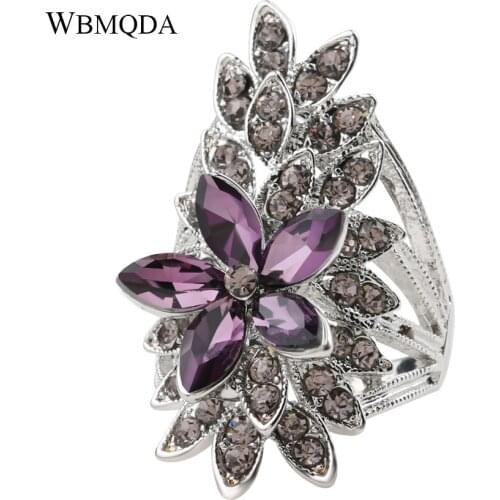 Fashion Crystal Flower Leaves Ring Purple Glass Silver Color Big Wedding Rings For Women Vintage Bulgaria Jewelry Love Gifts