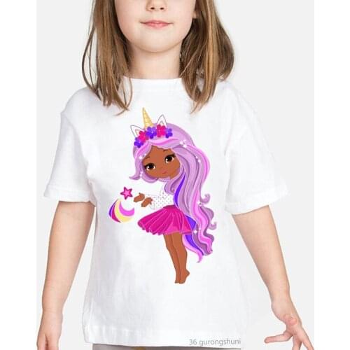New summer style Kids t-shirt print brown skin girl melanin rainbow unicorn pattern kawaii girls t shirt harajuku white tops