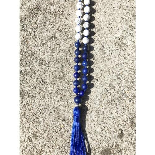 Knotted Necklace 108 Mala Beads Prayer Tassel Necklace Buddha Jewelry White Howlite and lapis lazuli Necklaces Yoga Necklaces