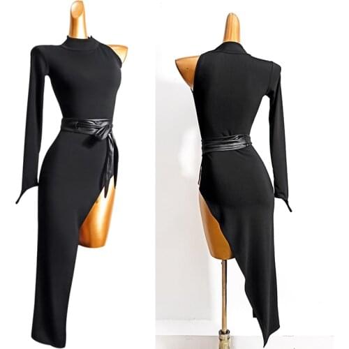 Sexy Latin Dance Dress For Women Adult Black Long Sleeve Split Dress Irregular Dance Skirt Latin Dance Competition Dress DN7323