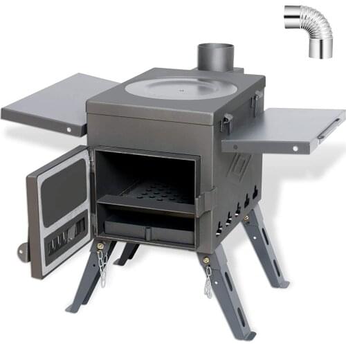 Portable Wood Burning Camp Stove for Tent, Shelter, Camping Heating and Cooking, Includes Stainless Wall Chimney Pipes