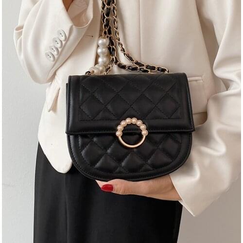 Simple Small Lattice Womens Bag Quilted Pearl Chain Crossbody Bags Solid Color Small Shoulder Bags Diamond Flap Female Handbags