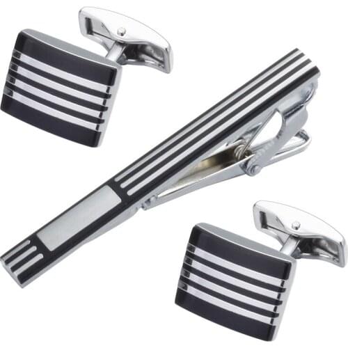 A luxury black enamel Square Silvery Stripe Tie Clip Cufflinks Gift Set Mens Wedding Jewelry Tie Shirt Cufflinks tie clip box