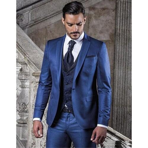 Blue Groom Tuxedos Notch Lapel Groomsmen Mens Wedding Dress Man Jacket Blazer Prom Dinner 3 Piece Suit(Jacket+Pants+Vest+Tie)