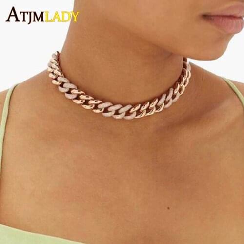 Rose gold color heavy cuban chain necklace iced out bling 5A cz paved european women rock hop hop adjusted slider chains