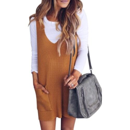 Umeko New Autumn and Winter Womens Fashion Knitted V-Neck Strap Solid Midi Dress Short Dresses Clothes Casual Sleeveless Tank