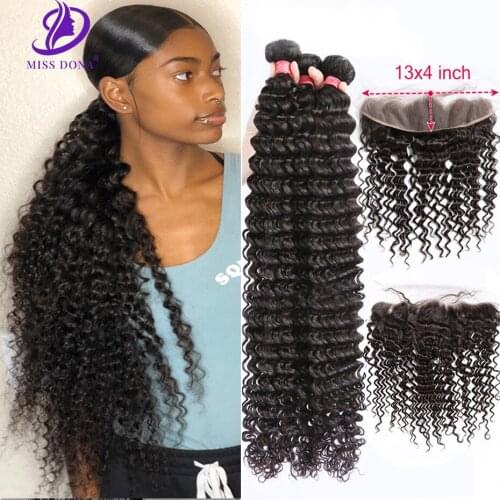 Miss Dona Hair Deep Curly Bundles Wave With Frontal Peruvian Hair Bundles With 13x4 Lace Remy 100% Human For Black Woman
