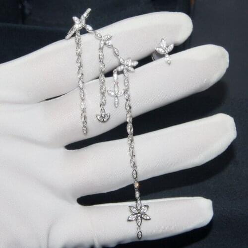 SLJELY High Quality Real Pure 925 Sterling Silver Asymmetric Floral Leaf Ear Cuff Zircon Tassel Earrings with Stud Women Jewelry