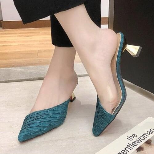 HEVXM 2021 Mules shoes women kitten heel slides slip on loafers sexy pointed toe stiletto heel comfortable slipper shoes