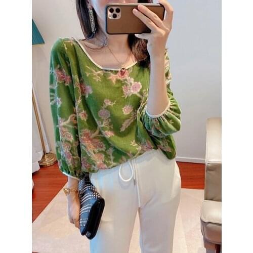 Ladies 2021 O Neck Velvet Elbow Sleeve Flower Top