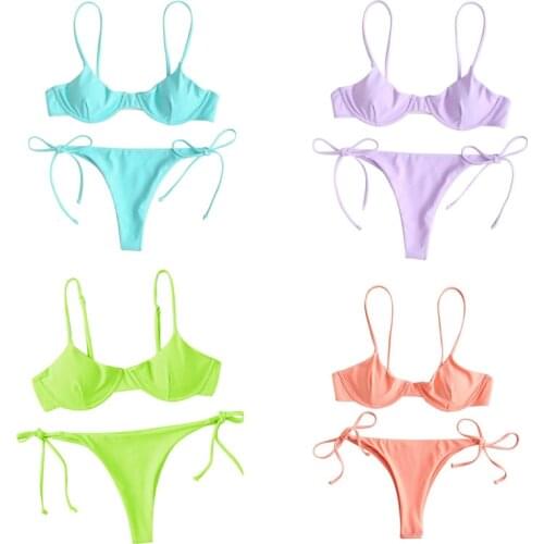 Women Split Swimsuit Set, Solid Color/Printed V-neck Bikini + Lace Up Panties for Summer