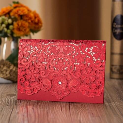10pcs Red Laser Cut Wedding Invitations Card Diamond Elegant Greeting Cards Envelopes Wedding Favor Birthday Party Decorations