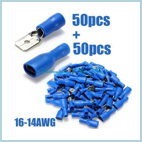 100PCS 16-14AWG Insulated Spade Crimp Wire Cable Connector Splice Terminal 50/Male+50/Female Kit Insulated Spade Connectors