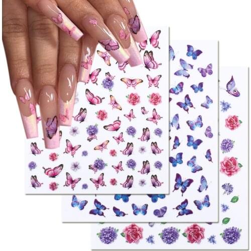 3D Laser Butterfly Nail Stickers Gradient Colorful Butterfly Rose Hydrangea Nail Sliders Decal For Nail Decoration GLDP159-170