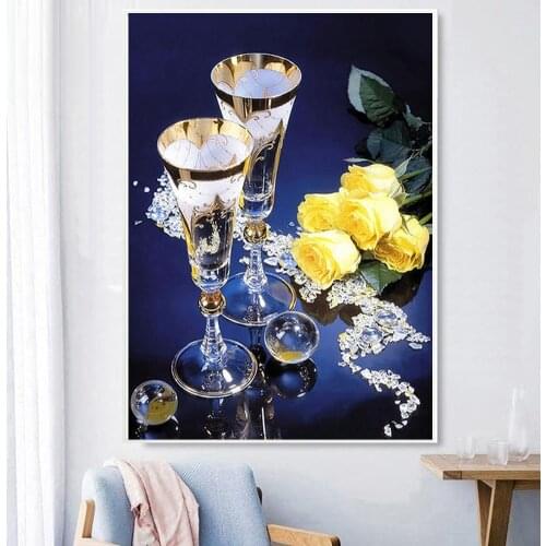 5D Diamond Painting Crystal Champagne Rose Embroidery Living Room Dining Room Decoration Diamond Cross Stitch Painting