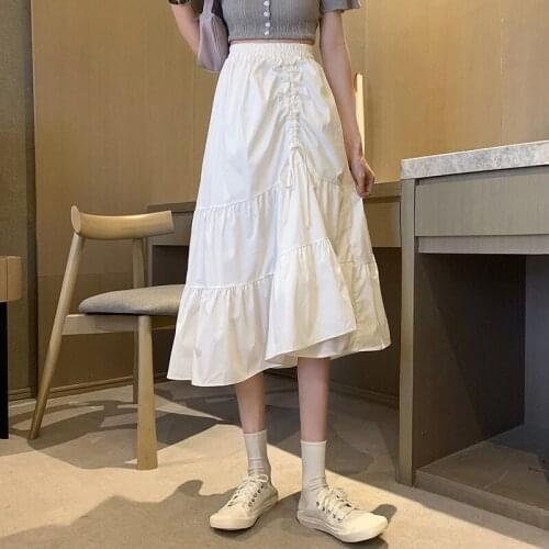 Irregular White Midi Skirt Womens 2021 Summer Y2k Drawstring Korean Style High Waist A-line Medium Length Skirt