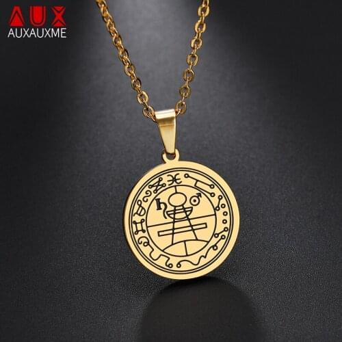 Auxauxme Vintage Solomon Seal Amulet Necklace Stainless Steel Coin Hermetic Runes Statement Necklace For Women Men Jewelry