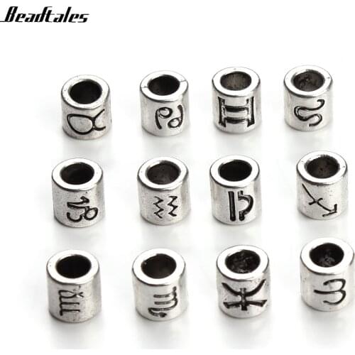Beadtales 60pcs/lot Antique Silver Color 12 Constellation Zodiac Metal Spacer Beads Charms 4mm Big Hole Beads for Jewelry Making