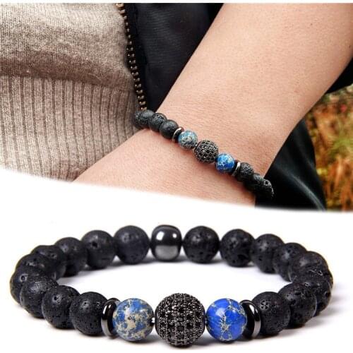 Natural Lava stone copper CZ ball bracelet beaded bracelets for men pulseras jewellery men bileklik accessories bijoux homme