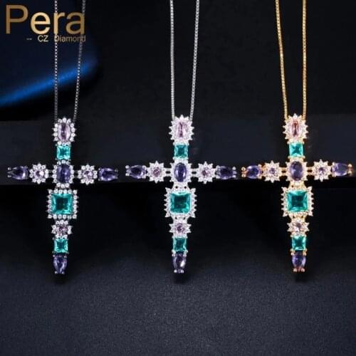 Pera Fashion Colorful Purple Green Cubic Zircon Black Gold Big Cross Chain Women Pendants Necklaces CZ Jewelry Accessories P002