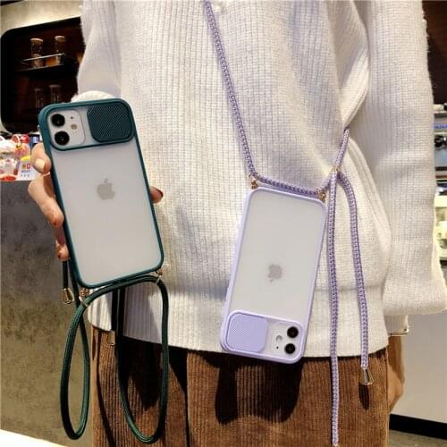 KJOEW Case For iPhone 12 11 Pro Max XR X XS SE 2020 7 8 Plus Camera Protection Crossbody Shoulder Strap Lanyard Clear Back Cover
