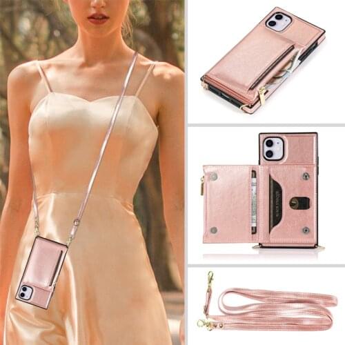 PU Leather Wallet Lanyard Case For iPhone 12 Mini 11 Pro Max Xr X Xs 7 8 6S 6 Plus SE2 Credit Card Shoulder Strap Square Cover