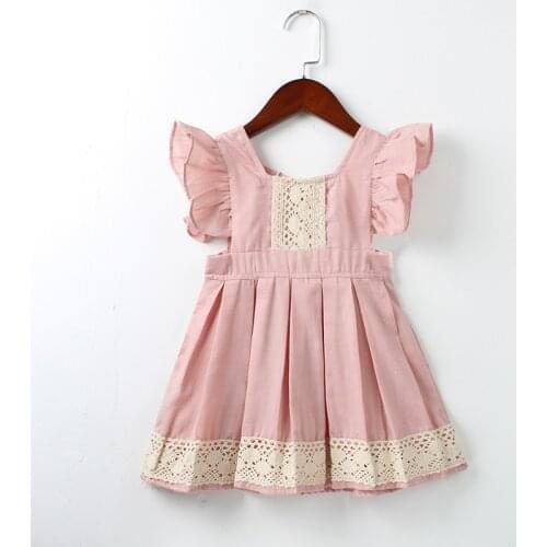 2018 European Baby Girls Dress Patchwork Summer Beach Style ruffles lace Backless Dresses for kids Cotton Clothing Pink Dress