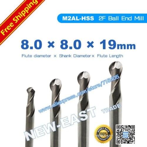 For dia 8mm M2AL-HSS R4 2 Flutes Ball Cutter Nosed End Mill 8*8*19*100mm cnc cutting router tools mill bits