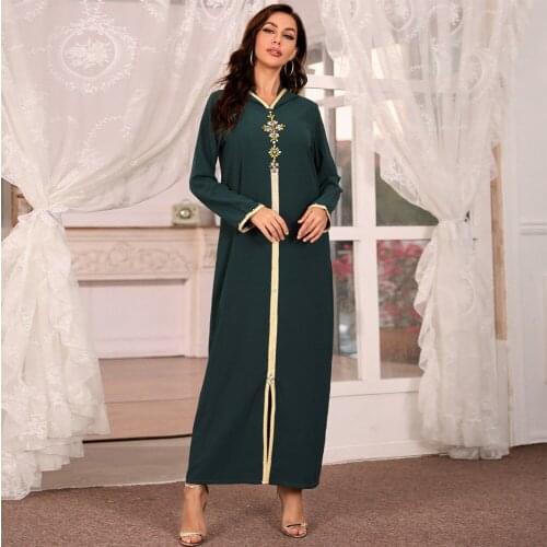 Dubai Abaya Djellaba Moroccan Kaftan Women Diamond Braid Trim Long Sleeve Muslim Hijab Maxi Dress Robe Arabic Islamic Clothes