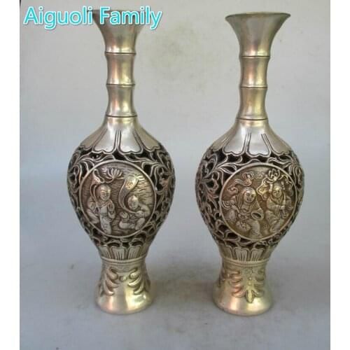 Collectible 1 Pair of Chinese Ming/Qing Dynasty Decorated Old Openwork carving Tibet Silver Boy and Girl Vase/Antique Metal Vase