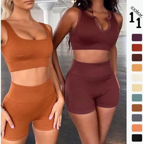Yoga Shorts Sets Women Seamless Sports Outfits Fitness Suit Gym Clothing Sport Set Ribbed U Collar Sexy Workout Clothes Wear