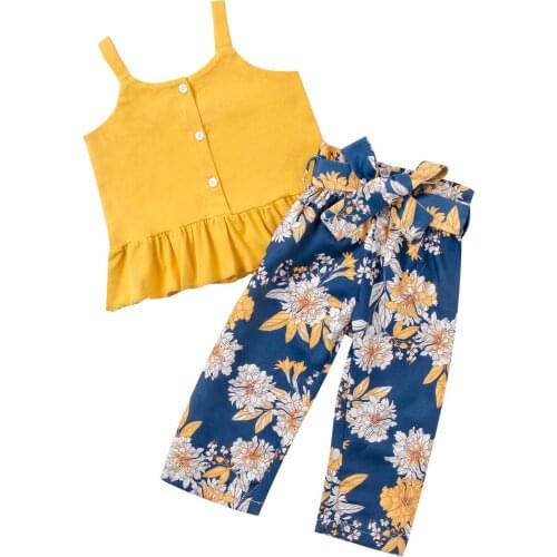 2021-01-29 lioraitiin 2-6Years Baby Girl’s Summer Trousers 2-Pcs Suit Solid Suspender Ruffle Hem Tops Flower Bandage Long Pants
