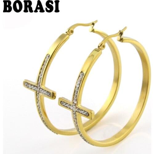 2016 Hot Sell! Stainless Steel Cross Hoop Earring Women Girls Fashion Elegant Round Crystal Earrings