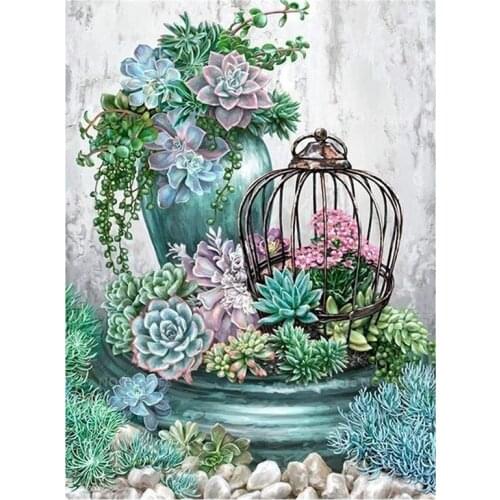 Round Diamond Full Diamond Diamond Painting Set Living Room Dining Room Decoration Painting Mural Succulent Birdcage