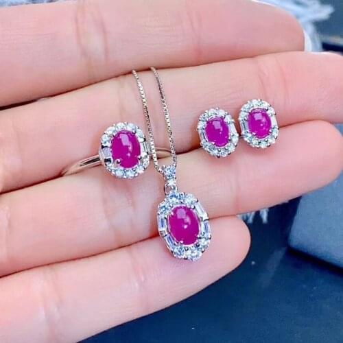 100% Real Natural Ruby Set Natural And Real Ruby Jewelry set 925 sterling silver 1pc Ring,1pc Pendant,2pcs Earring