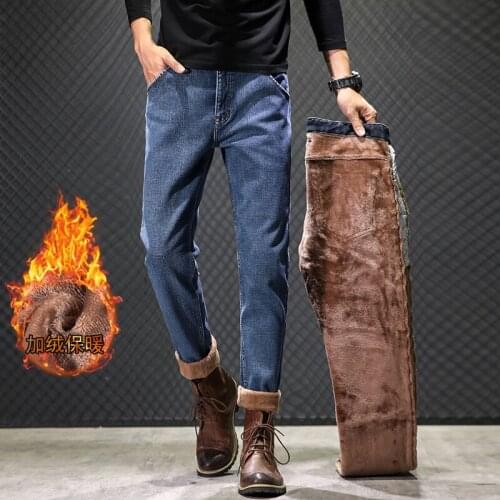 2021 New Mens Warm Fleece Jeans Classic Style High Quality Cotton Slim Fit Denim Stretch Trousers Dark Grey Brand Pants