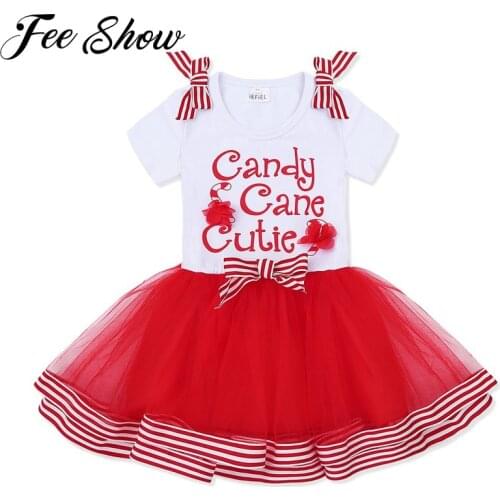 New Year 2-5 Years Baby Kid Girls Cotton Mesh Christmas Dress Bowknot Print Candy Cane Cutie Holiday Party Girl Clothes Costum