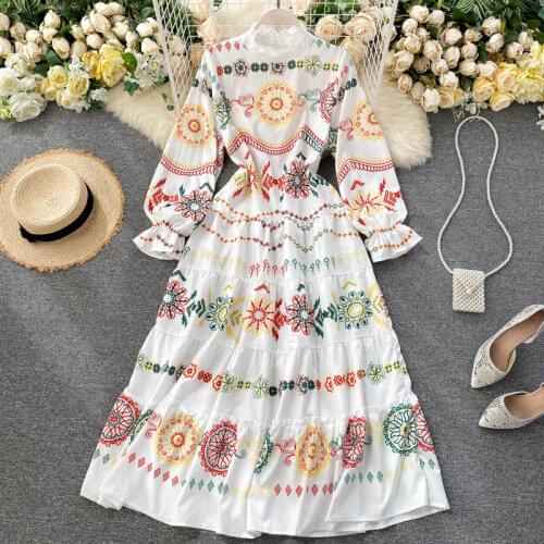 New Women Fashion Dresses Bohemia Ladies Causal Court Long Bubble-sleeve Printed Long Swing Dress Vestidos De Fiesta