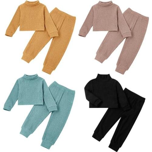 2-7Y Kids Girls Autumn Clothes Sets Baby Solid Color Knit Long Sleeve Turtleneck Pullover Sweater + Pants Children Casual Outfit