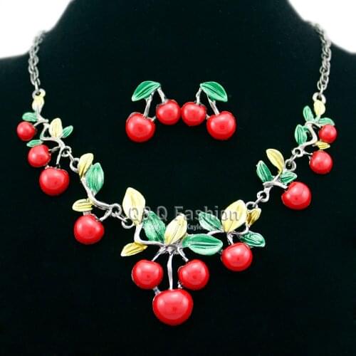 New Fashion Jubilee Romance Cherries & Leaf Bridal Gun Black Chain Bib Necklace + Earrings Black Chain