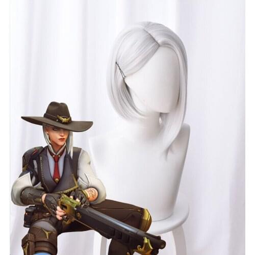OW Ashe Cosplay Wig 35cm Short Straight Heat Resistant Synthetic Hair OW Game Wig Silver White Costume Party Wig