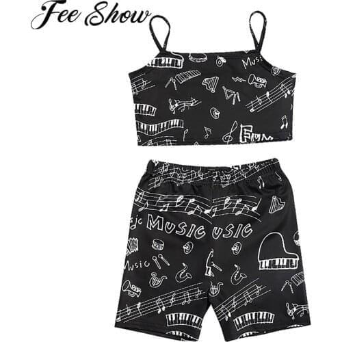 Kids Girls Two Pieces Musical Note Print Casual Outfits Spaghetti Strap Cami Tops Elastic Waistband Shorts Suits for Sport Beach