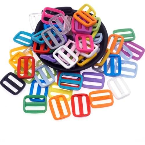 SUTOYUEN 20pcs 25mm Colorful Plastic Curved Tri-Glides Slider Adjustable Buckles For Backpacks Straps Pets Collar DIY Accessory