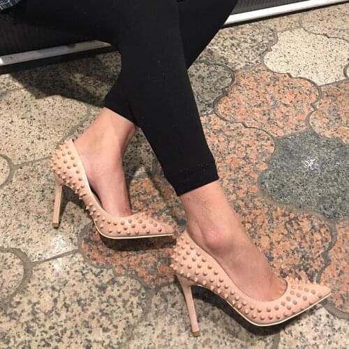 2019 Fashion free shipping new nude Patent Leather spikes Poined Toe Stiletto high heel shoe pump HIGH-HEELED SHOE dress shoes